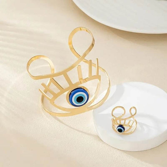 Buycenter 14K Gold Plated Bangle & Adjustable Ring Set - Golden Eye Charm - Buy Center