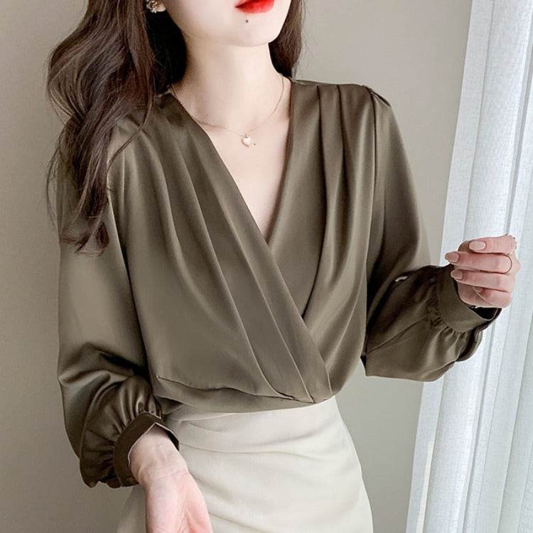 Women's V-Neck Satin Long-Sleeved Shirt - Stylish Work Blouse, Sizes S-2XL - Buy Center