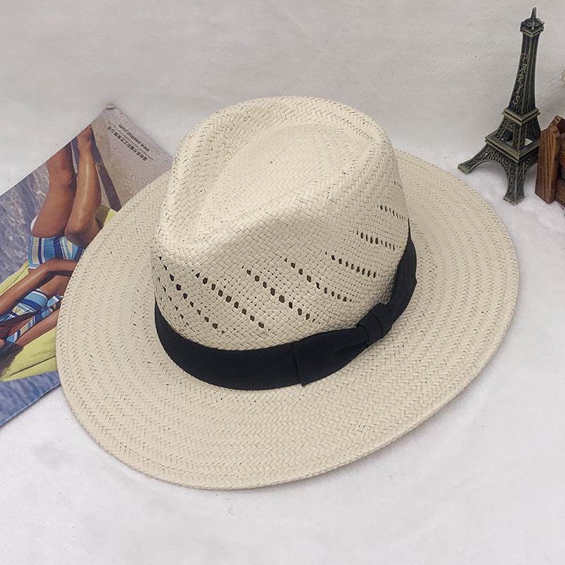 Striped Bow Flat-Brimmed Jazz Straw Top Hat - Adjustable & Stylish Sun Protection - Buy Center
