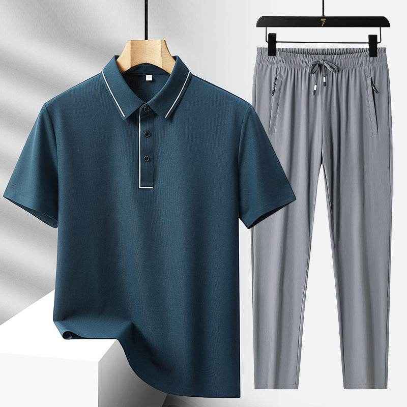 Men's Light Luxury Ice Silk Polo Shirt & Trousers Leisure Suit 2025