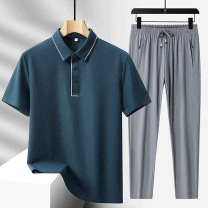 Men's Light Luxury Ice Silk Polo Shirt & Trousers Leisure Suit 2025
