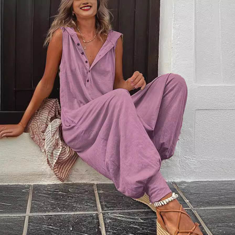 New Button Hooded Sleeveless Jumpsuit - Stylish & Comfortable for All Sizes - Buy Center