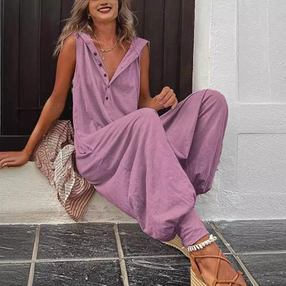New Button Hooded Sleeveless Jumpsuit - Stylish & Comfortable for All Sizes - Buy Center