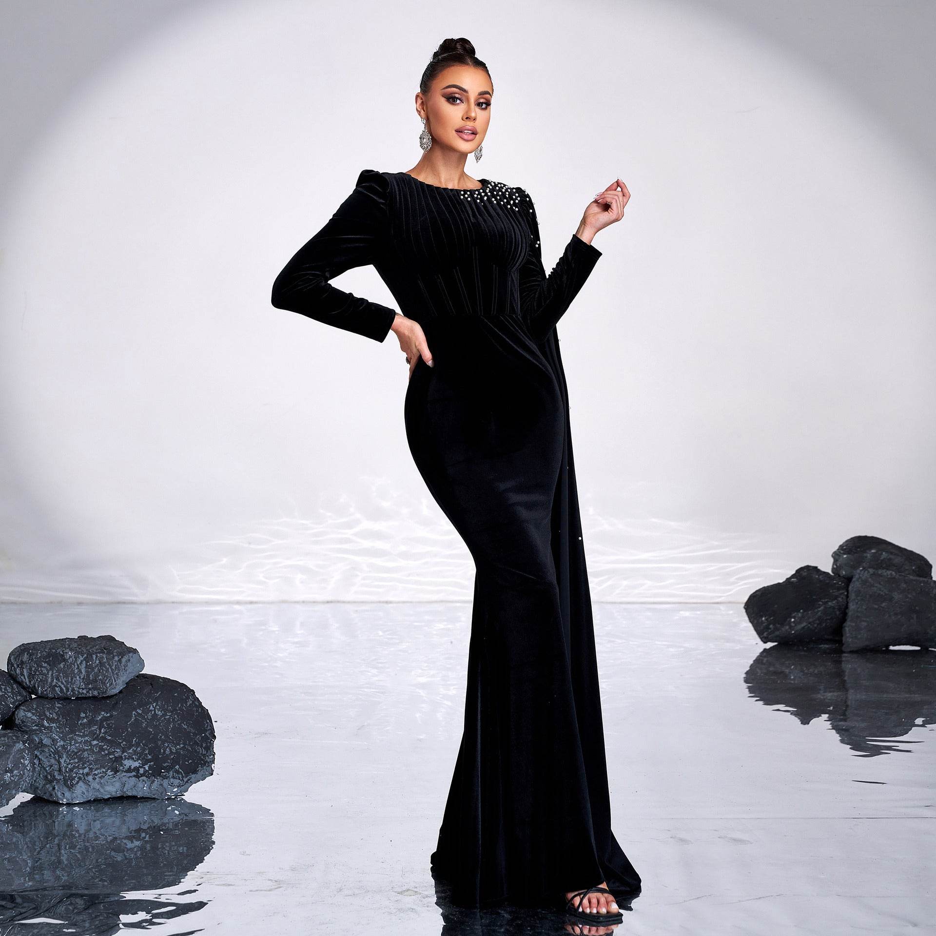 Elegant Velvet Round Neck Dress - Long Sleeve Rhinestone Evening Wear - Buy Center