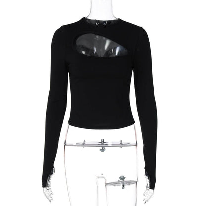 Slim-Fit Long Sleeve Hollow T-Shirt - Red, Black & Apricot Colors - Buy Center