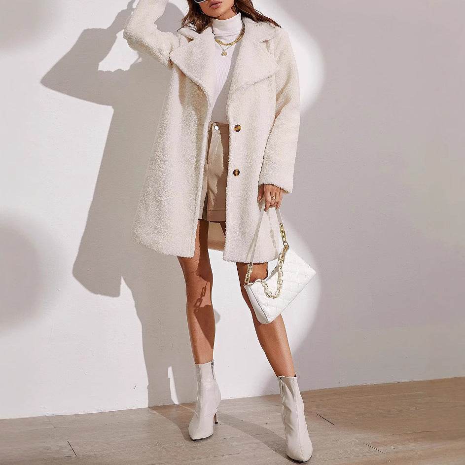 Women's Beige Plush Long Lapel Trench Coat - Stylish & Cozy for Winter - Buy Center