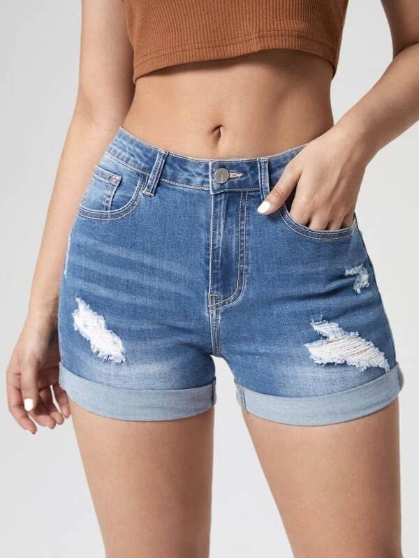 Buycenter Women's High Waist Denim Shorts - Curling Holes, Street Fashion - Buy Center