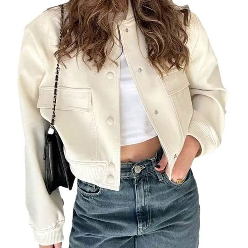 Buycenter Women's Jacket Coat - Stand Collar, Large Pocket, Short Length - Buy Center