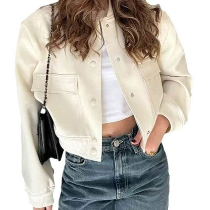 Buycenter Women's Jacket Coat - Stand Collar, Large Pocket, Short Length - Buy Center