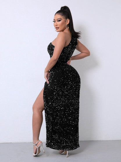 Buycenter Women's Sleeveless One Shoulder Dress - Sequins & Gorgeous Slit - Buy Center