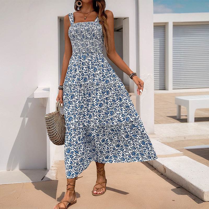 Buycenter Mid-Length Sleeveless Dress - Elegant Elastic Waist Floral Print - Buy Center