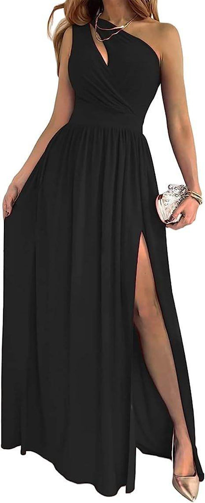 Women's One Shoulder Maxi Dress - High Split Cutout Elegant Style - Buy Center