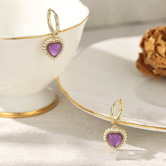 French Purple Crystal Heart Stud Earrings - Elegant Gold Copper Design - Buy Center