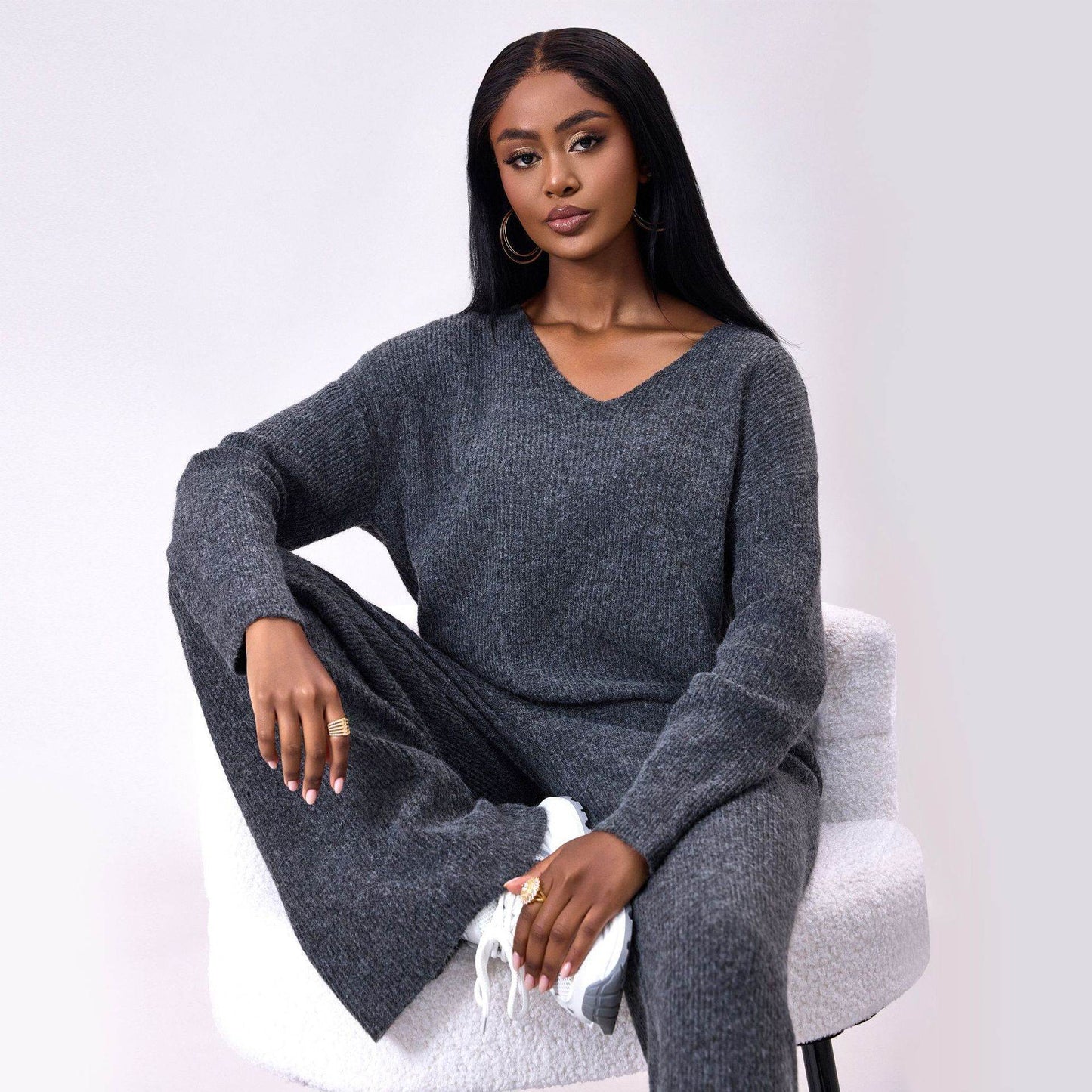 Stylish Knitted Sunken Stripe Long Sleeve Suit - Versatile Two-Piece Set - Buy Center