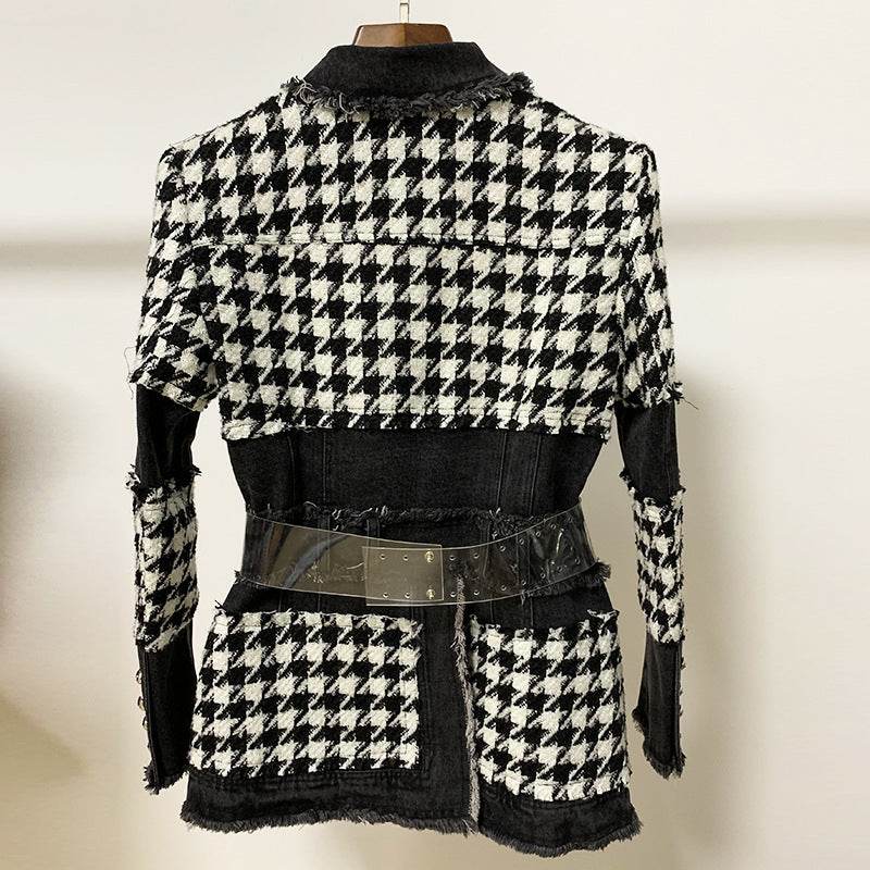 Buycenter Women's Tweed Houndstooth Denim Trench - Slim Fit Style - Buy Center