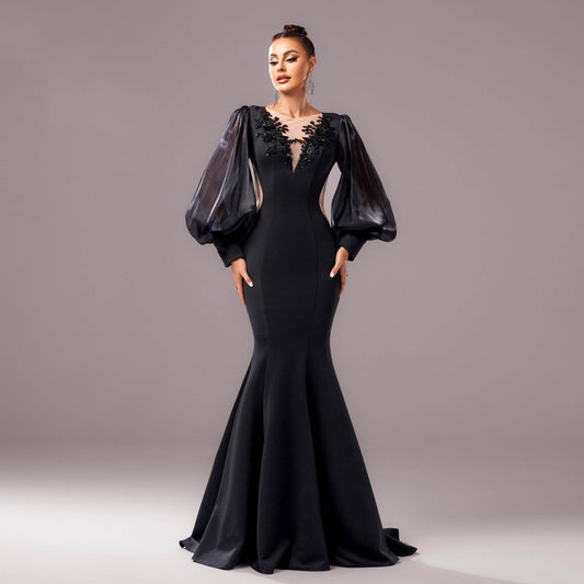 Elegant Long Sleeve Fishtail Dress - Applique & Sequin Details for Events - Buy Center