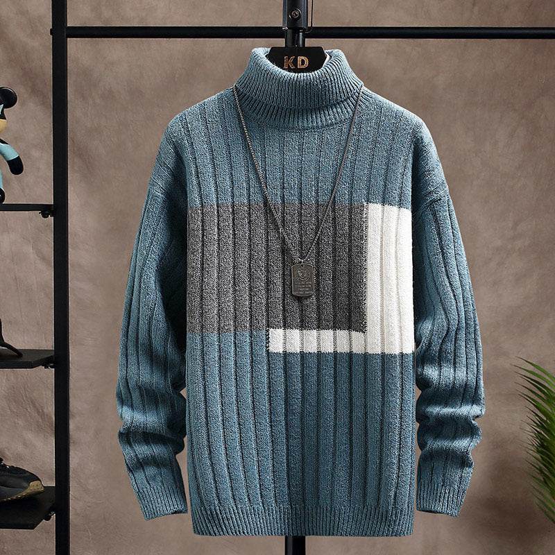 Buycenter Men's Knitted Turtleneck Sweater - Color Stitching, Cozy Warmth - Buy Center