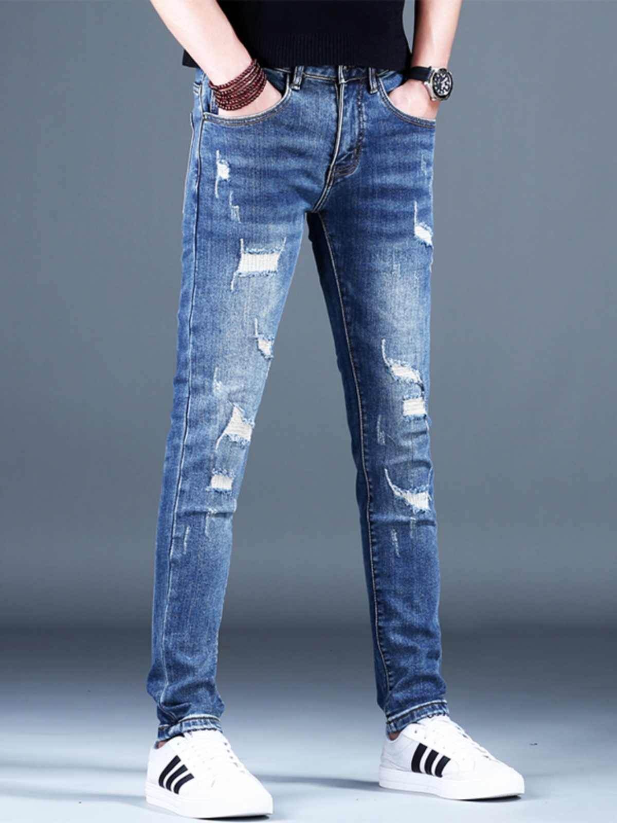 Ripped Fleece Padded Jeans for Men - Stretch Slim-Fit Casual Style - Buy Center