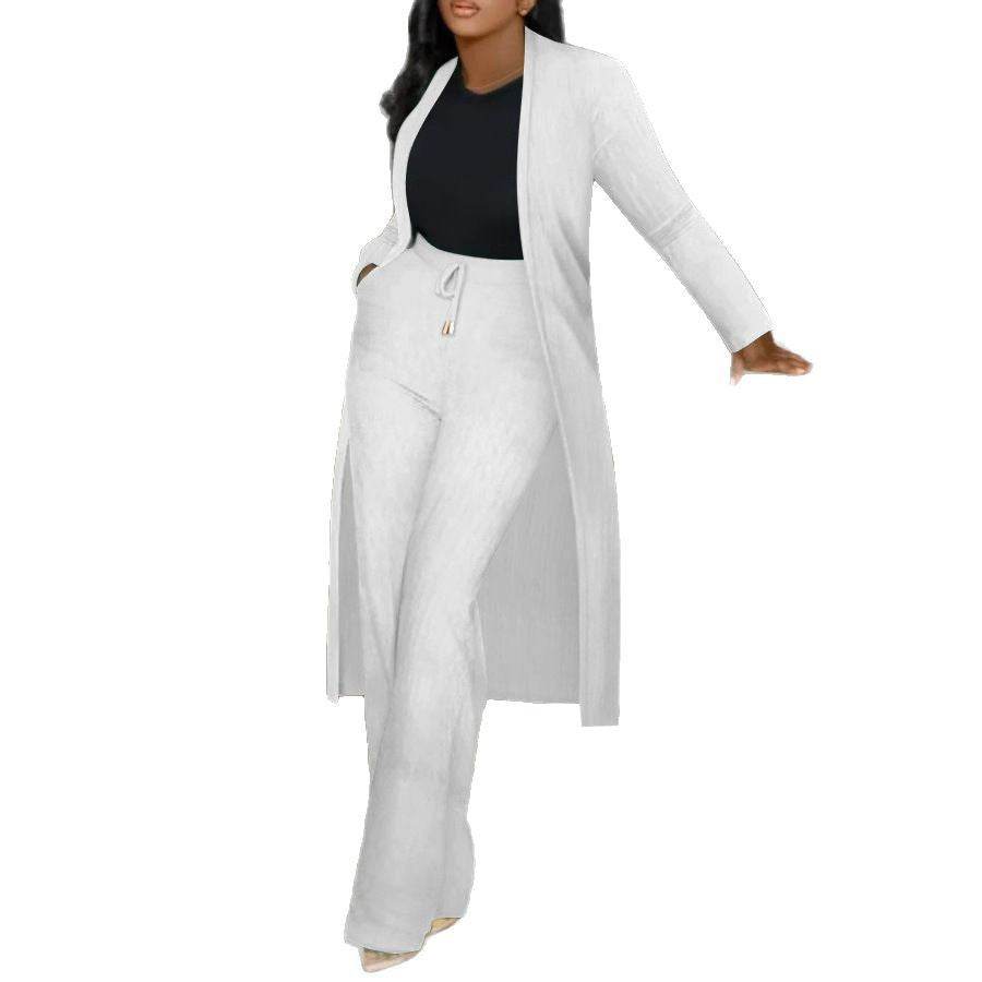 BuyCenter Stylish Two-Piece Set - Long Cardigan & Stripe Wide Leg Pants - Buy Center