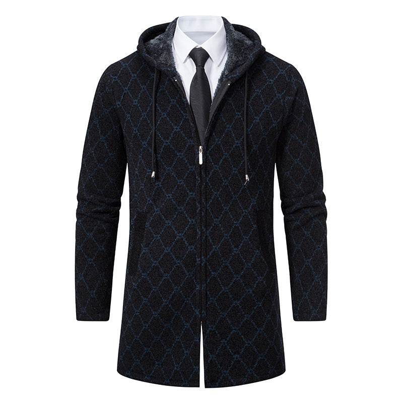 Stylish Men's Mid-Length Sweater Coat - Plaid Design with Removable Hood - Buy Center