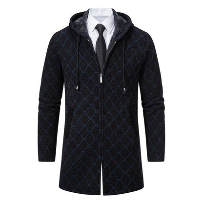 Stylish Men's Mid-Length Sweater Coat - Plaid Design with Removable Hood - Buy Center