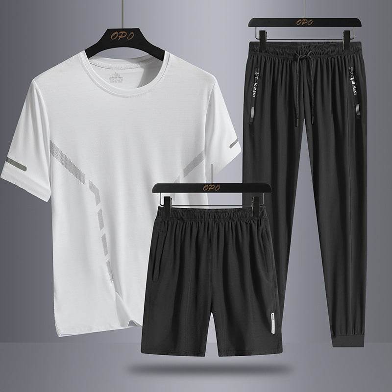Men's Sports Three-Piece Set - Breathable Short Sleeve & Shorts for Comfort - Buy Center