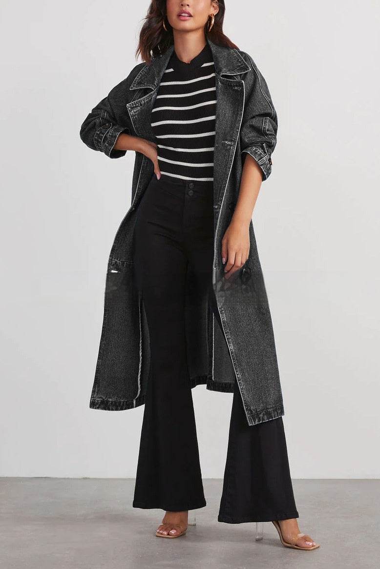 Buycenter Women's Denim Cotton Windbreaker - Double Pocket Long Jacket - Buy Center