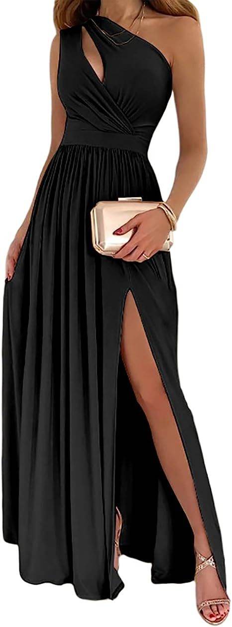 Women's One Shoulder Maxi Dress - High Split Cutout Elegant Style - Buy Center
