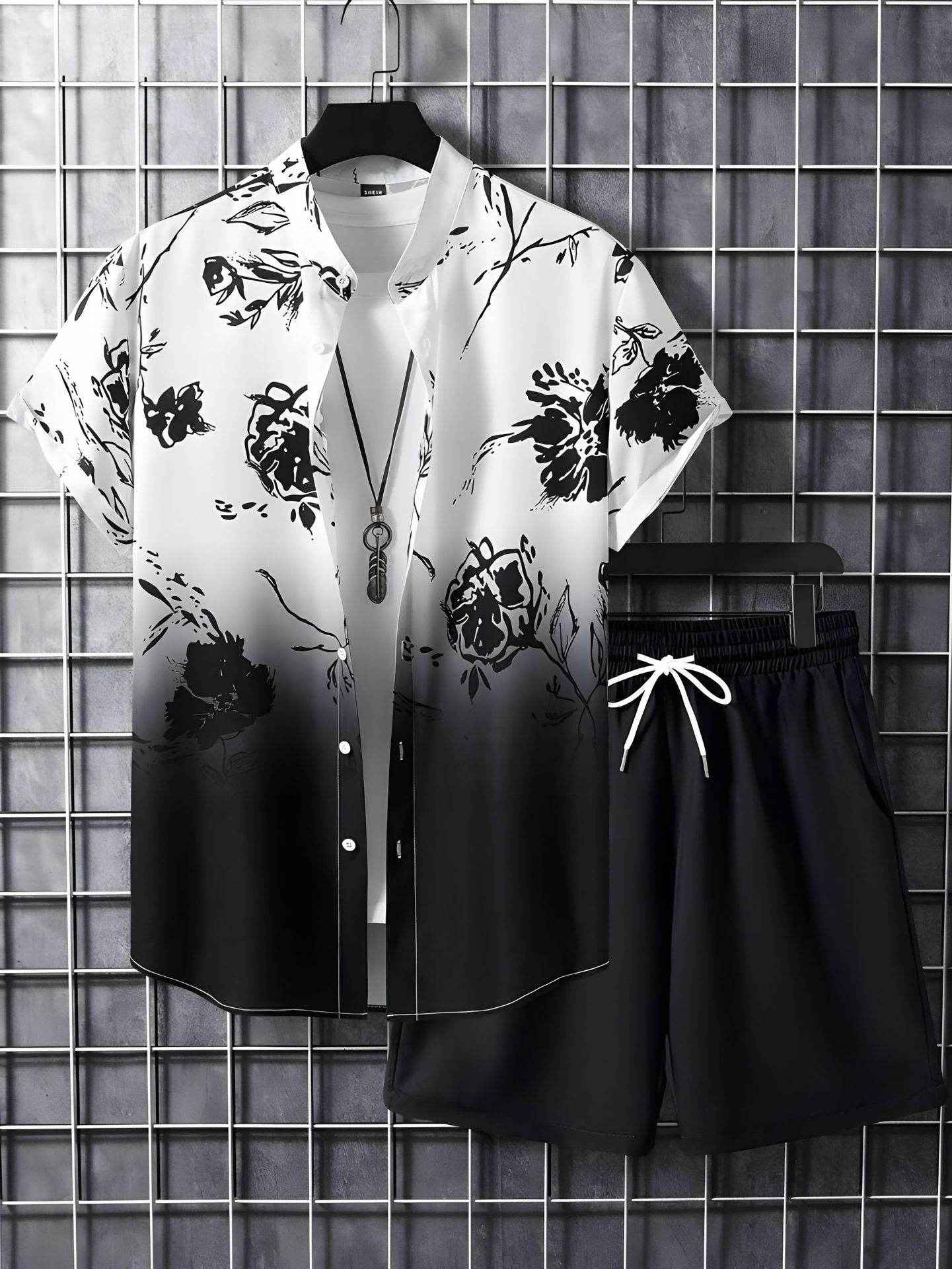 Black and White Striped Hawaiian Shirt Set for Men - Casual Summer Style