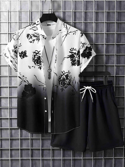 Black and White Striped Hawaiian Shirt Set for Men - Casual Summer Style