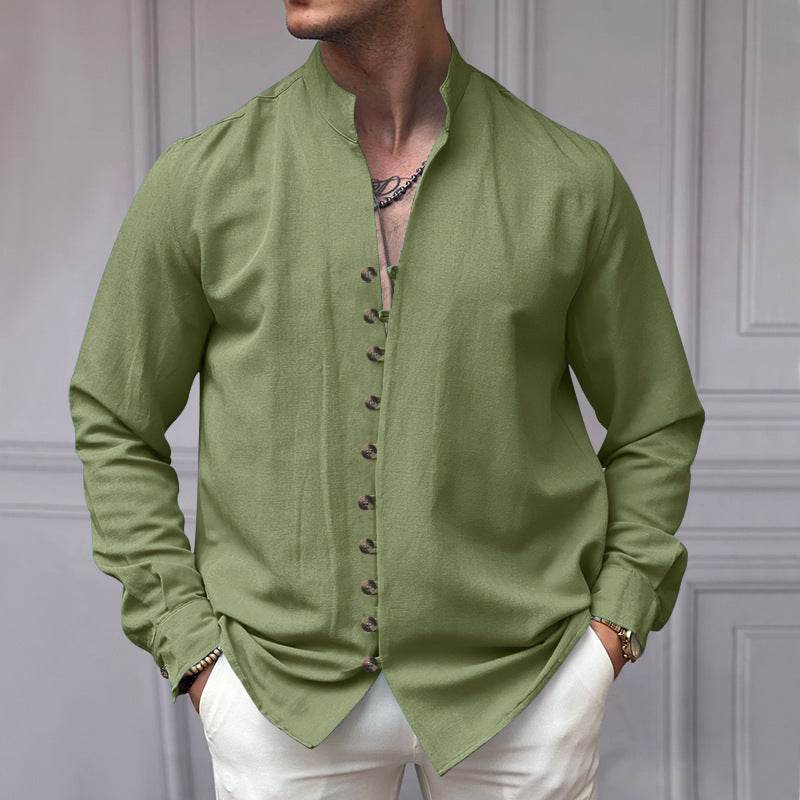 Buycenter Men's Casual Loose Linen Shirt - Ethnic Style, Long Sleeve - Buy Center
