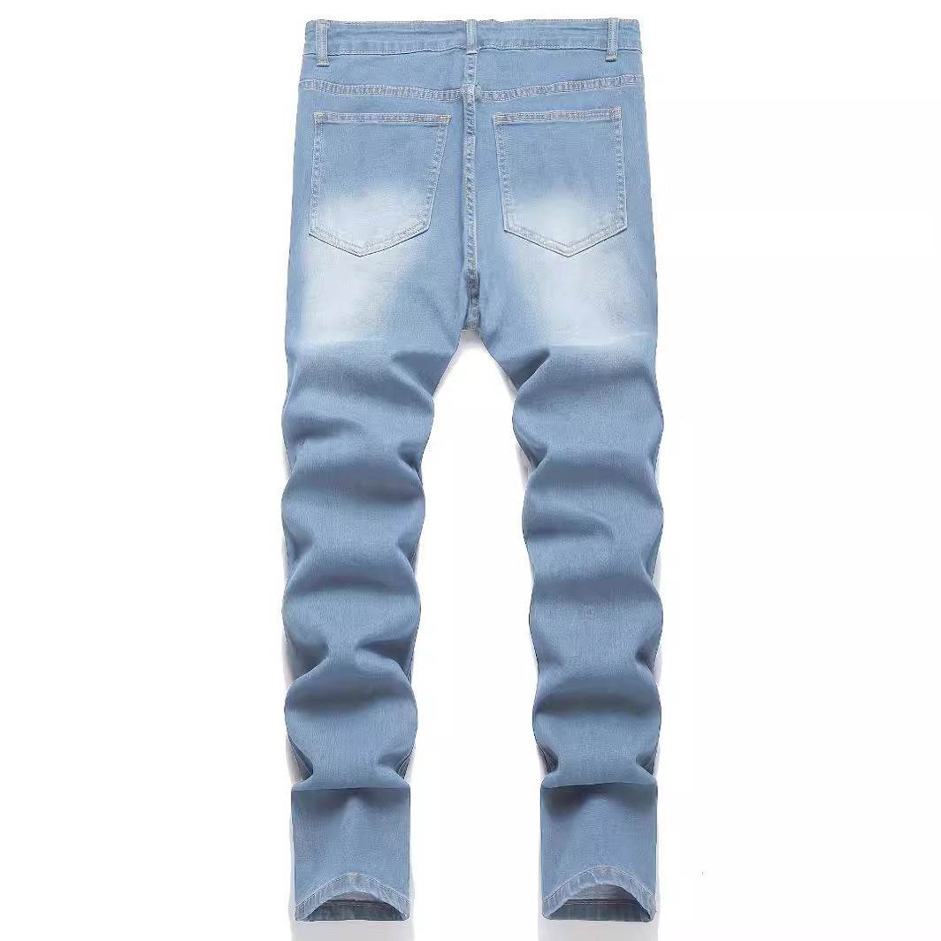European & American Fashion Men's Jeans - Worn-Out Patch Design, Mid Waist - Buy Center