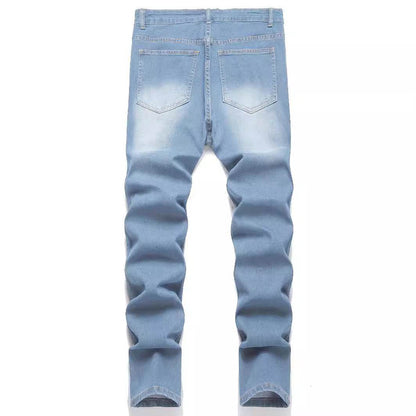 European & American Fashion Men's Jeans - Worn-Out Patch Design, Mid Waist - Buy Center