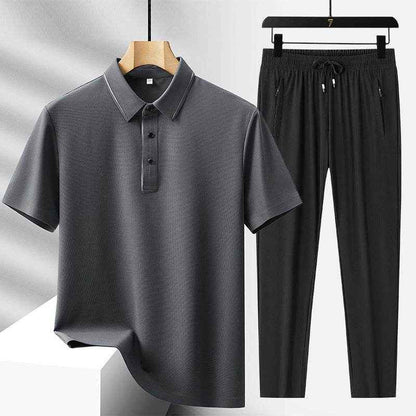 Men's Light Luxury Ice Silk Polo Shirt & Trousers Leisure Suit 2025