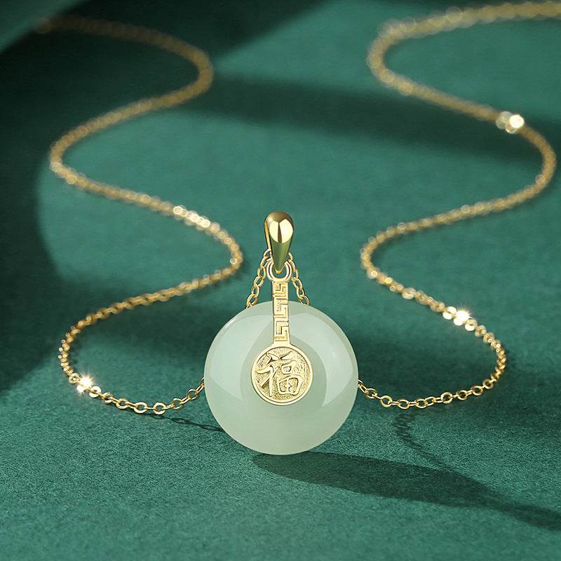 Nafu Peace Button & Field Jade Necklace - 18K Gold Retro Design - Buy Center