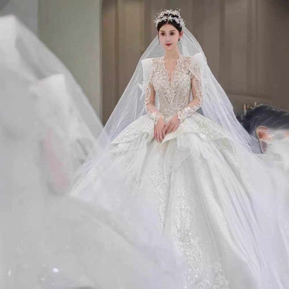 Bride Main Yarn Long Sleeve Wedding Dress - French Retro Trailing Elegance - Buy Center