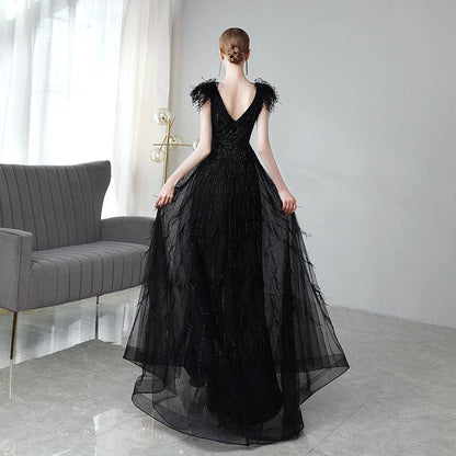 Buycenter Black Evening Dress for Women - Deep V-Neck & Princess Skirt - Buy Center