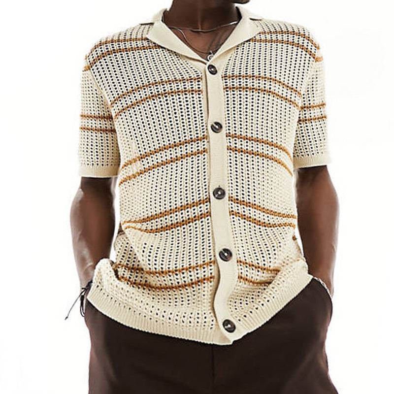 Men's Khaki Knitwear Cardigan - Stylish Lapel Design & Short Sleeve - Buy Center