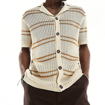 Men's Khaki Knitwear Cardigan - Stylish Lapel Design & Short Sleeve - Buy Center