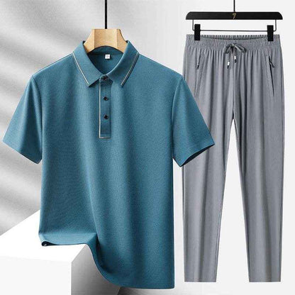 Men's Light Luxury Ice Silk Polo Shirt & Trousers Leisure Suit 2025