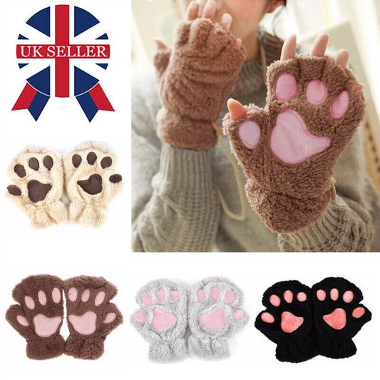 Women’s Plush Cat Paw Gloves - Warm Fingerless Mittens for Winter Style - Buy Center