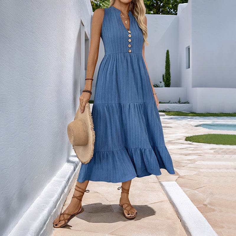 Buycenter Sleeveless Pleated Dress - Elegant A-Line in Solid Blue - Buy Center