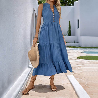 Buycenter Sleeveless Pleated Dress - Elegant A-Line in Solid Blue - Buy Center