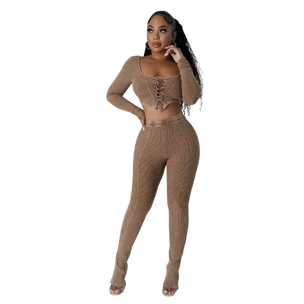 Buycenter Square Collar Skinny Pencil Pants - Stylish Two-Piece Suit - Buy Center