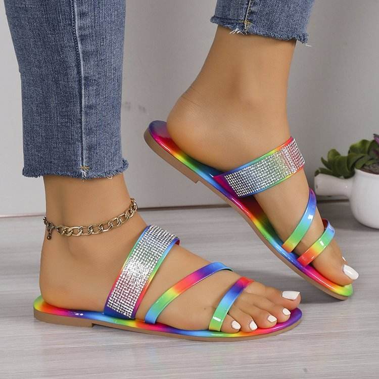 Buycenter Rhinestone Flat Slippers - Round Toe, Lightweight Casual Style - Buy Center