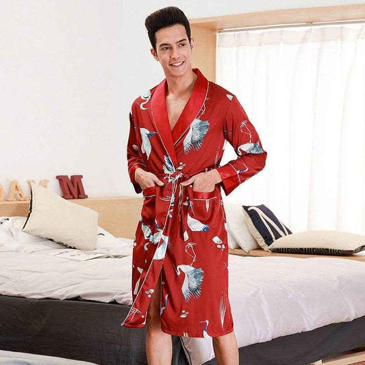 Long-Sleeved Men's Silk Bathrobe - Comfortable Homewear for Relaxation
