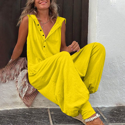 New Button Hooded Sleeveless Jumpsuit - Stylish & Comfortable for All Sizes - Buy Center