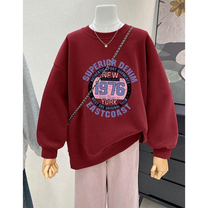 Retro Loose Round Neck Hoodie for Women - Cartoon Design & Long Sleeve - Buy Center
