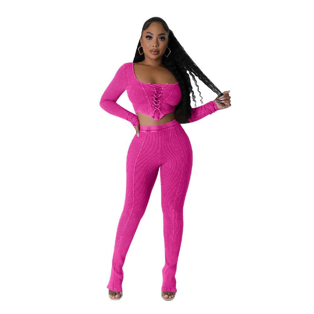 Buycenter Square Collar Skinny Pencil Pants - Stylish Two-Piece Suit - Buy Center