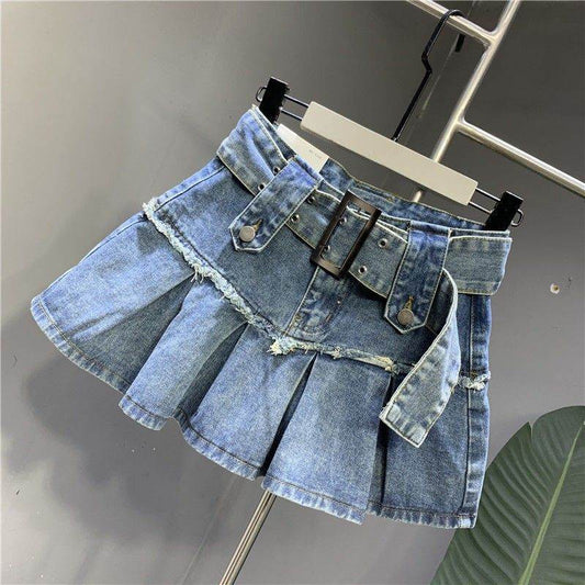 Retro Light Blue A-Line Denim Skirt - Stylish Pleated Design for Girls - Buy Center